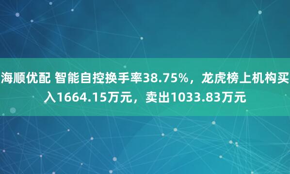 海顺优配 智能自控换手率38.75%，龙虎榜上机构买入1664.15万元，卖出1033.83万元